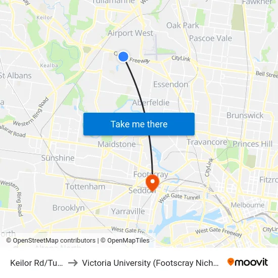 Keilor Rd/Turrun St to Victoria University (Footscray Nicholson Campus) map