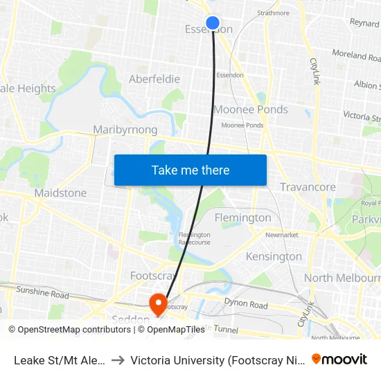 Leake St/Mt Alexander Rd to Victoria University (Footscray Nicholson Campus) map