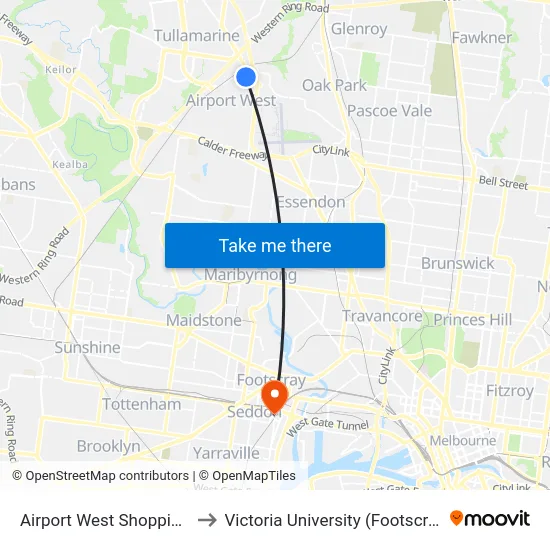 Airport West Shopping Centre/Louis St to Victoria University (Footscray Nicholson Campus) map