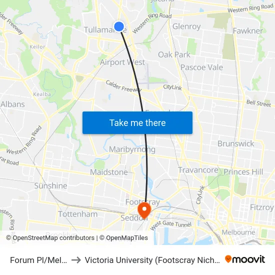 Forum Pl/Melrose Dr to Victoria University (Footscray Nicholson Campus) map