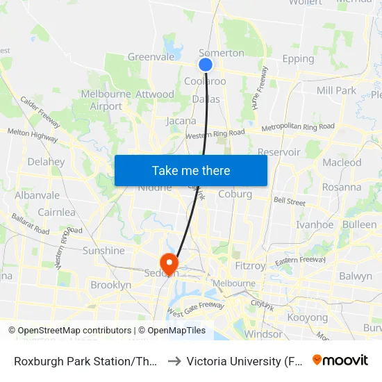 Roxburgh Park Station/Thomas Brunton Pde to Victoria University (Footscray Nicholson Campus) map