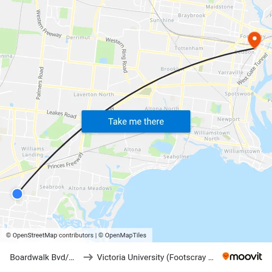 Boardwalk Bvd/Dunnings Rd to Victoria University (Footscray Nicholson Campus) map