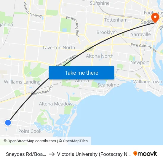 Sneydes Rd/Boardwalk Bvd to Victoria University (Footscray Nicholson Campus) map