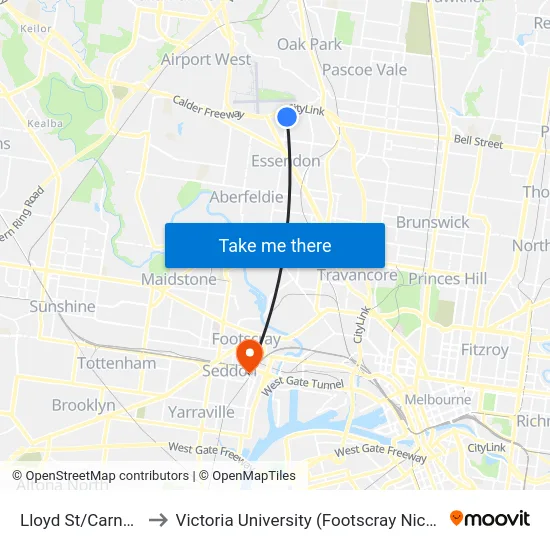 Lloyd St/Carnarvon Rd to Victoria University (Footscray Nicholson Campus) map