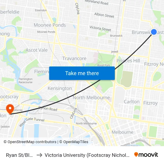 Ryan St/Blyth St to Victoria University (Footscray Nicholson Campus) map