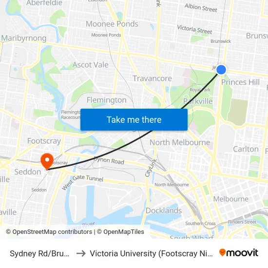 Sydney Rd/Brunswick Rd to Victoria University (Footscray Nicholson Campus) map