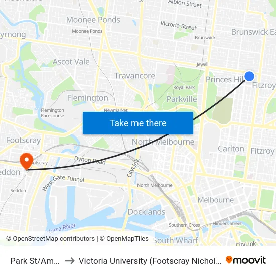 Park St/Amess St to Victoria University (Footscray Nicholson Campus) map