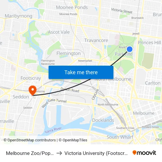 Melbourne Zoo/Poplar Rd to Victoria University (Footscray Nicholson Campus) map
