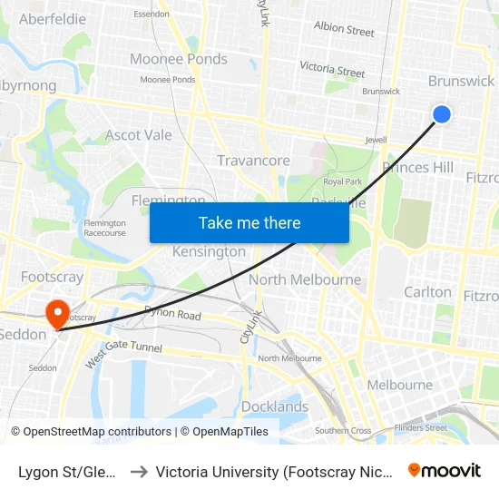 Lygon St/Glenlyon Rd to Victoria University (Footscray Nicholson Campus) map