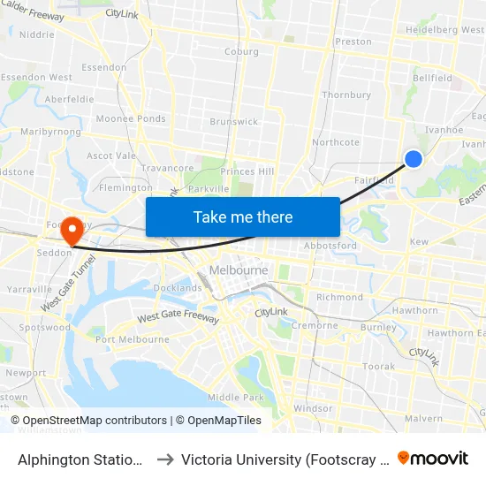 Alphington Station/Wingrove St to Victoria University (Footscray Nicholson Campus) map