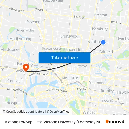 Victoria Rd/Separation St to Victoria University (Footscray Nicholson Campus) map