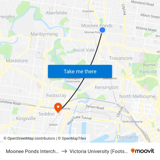Moonee Ponds Interchange/Mt Alexander Rd to Victoria University (Footscray Nicholson Campus) map