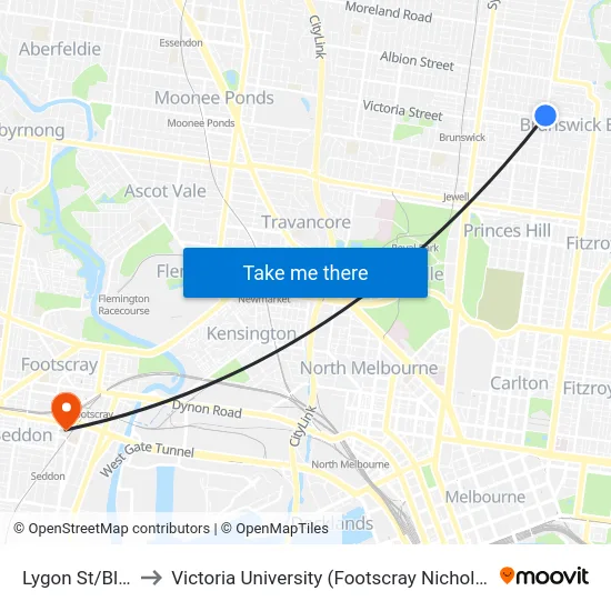 Lygon St/Blyth St to Victoria University (Footscray Nicholson Campus) map