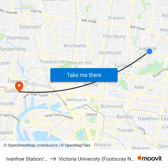 Ivanhoe Station/Norman St to Victoria University (Footscray Nicholson Campus) map