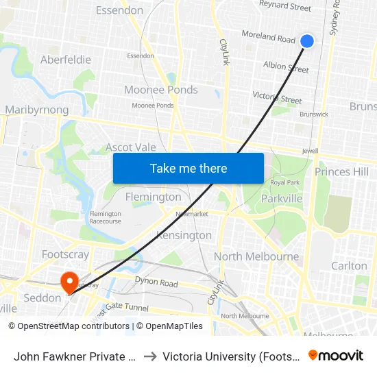John Fawkner Private Hospital/Moreland Rd to Victoria University (Footscray Nicholson Campus) map