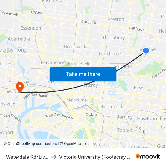 Waterdale Rd/Livingstone St to Victoria University (Footscray Nicholson Campus) map