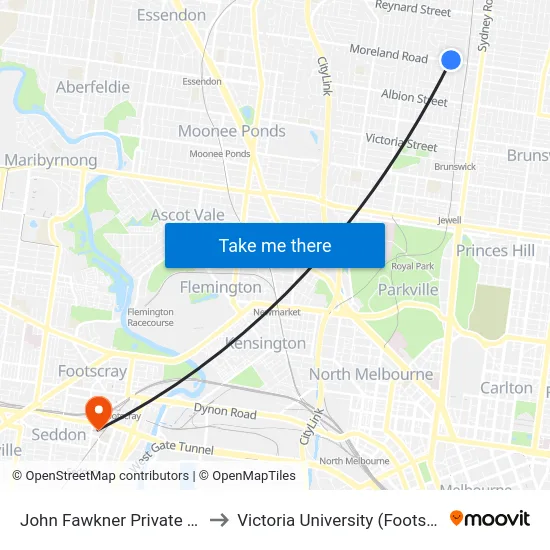 John Fawkner Private Hospital/Moreland Rd to Victoria University (Footscray Nicholson Campus) map