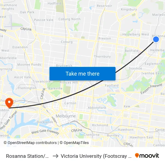 Rosanna Station/Turnham Ave to Victoria University (Footscray Nicholson Campus) map