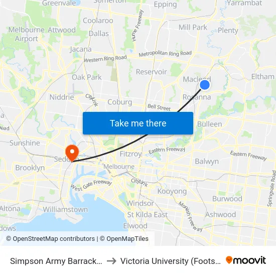 Simpson Army Barracks/Greensborough Hwy to Victoria University (Footscray Nicholson Campus) map