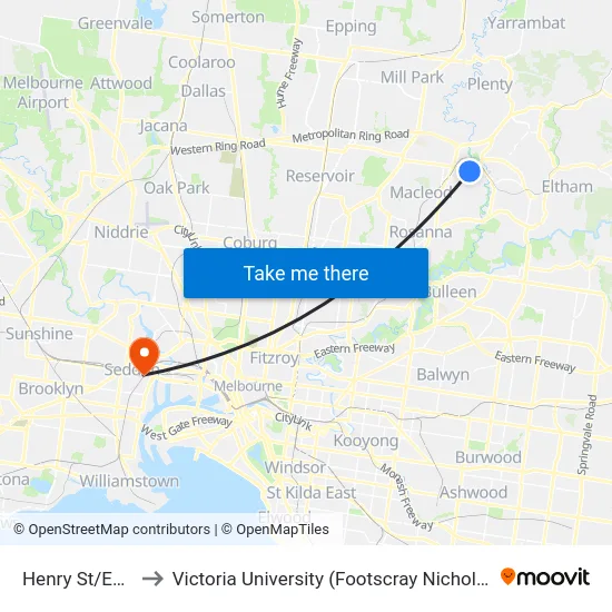 Henry St/Ester St to Victoria University (Footscray Nicholson Campus) map