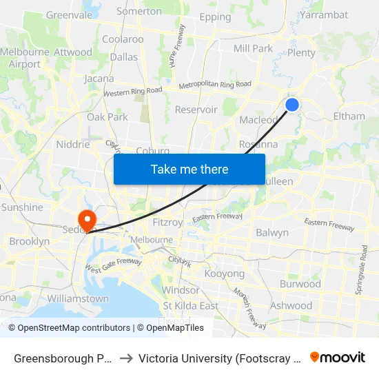 Greensborough Plaza/Main St to Victoria University (Footscray Nicholson Campus) map