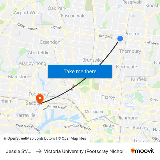 Jessie St/Bell St to Victoria University (Footscray Nicholson Campus) map