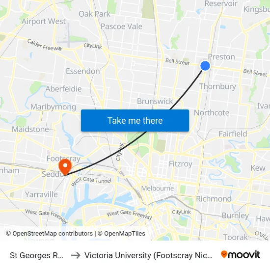 St Georges Rd/Bell St to Victoria University (Footscray Nicholson Campus) map