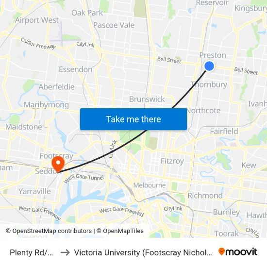 Plenty Rd/Bell St to Victoria University (Footscray Nicholson Campus) map