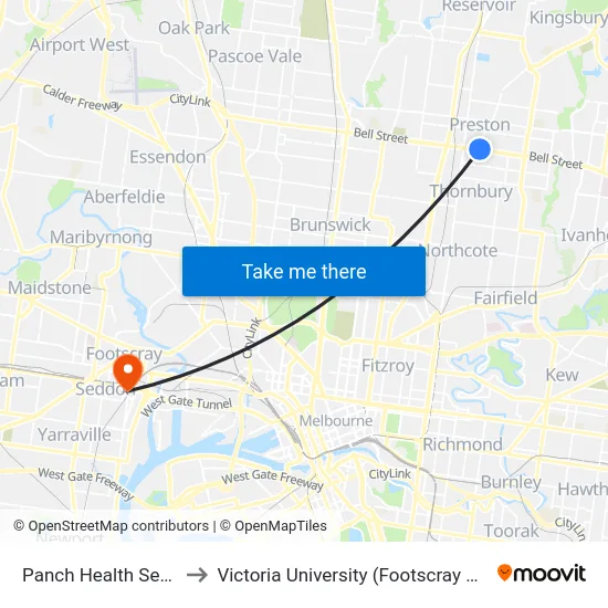 Panch Health Service/Bell St to Victoria University (Footscray Nicholson Campus) map