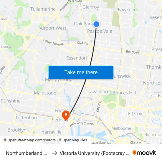 Northumberland Rd/Pascoe St to Victoria University (Footscray Nicholson Campus) map