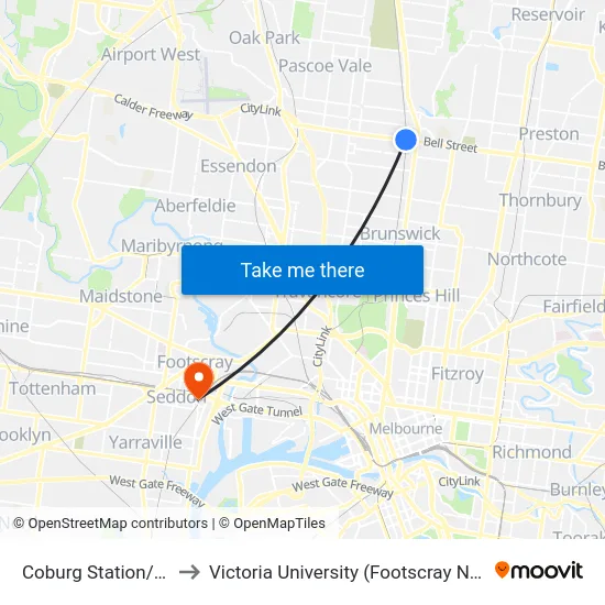 Coburg Station/146 Bell St to Victoria University (Footscray Nicholson Campus) map