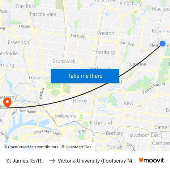St James Rd/Rosanna Rd to Victoria University (Footscray Nicholson Campus) map