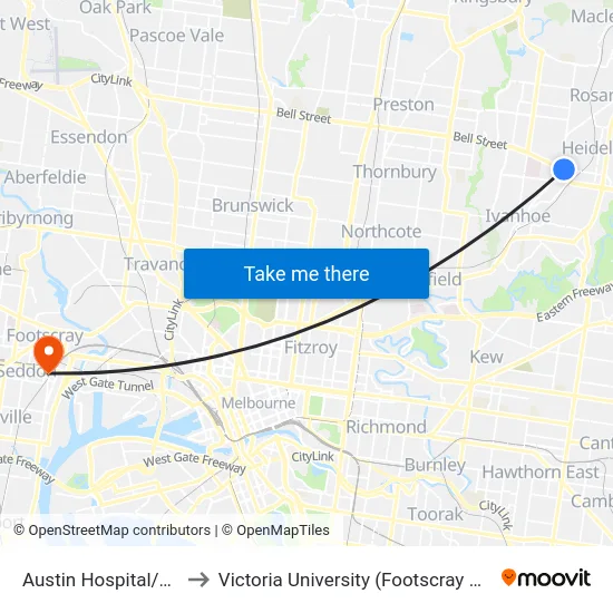 Austin Hospital/Burgundy St to Victoria University (Footscray Nicholson Campus) map