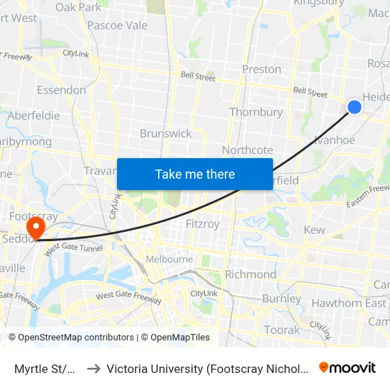 Myrtle St/Bell St to Victoria University (Footscray Nicholson Campus) map