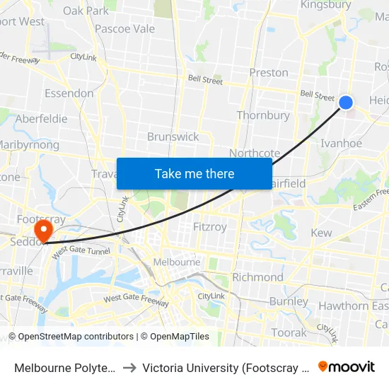 Melbourne Polytechnic/Bell St to Victoria University (Footscray Nicholson Campus) map