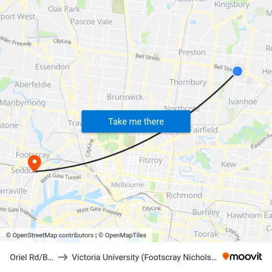 Oriel Rd/Bell St to Victoria University (Footscray Nicholson Campus) map