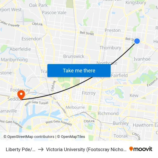Liberty Pde/Bell St to Victoria University (Footscray Nicholson Campus) map