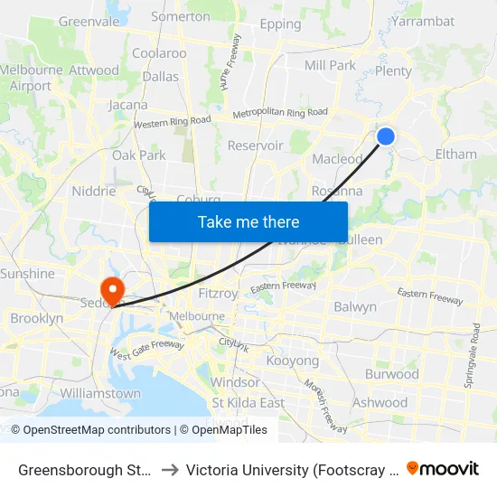 Greensborough Station/Main St to Victoria University (Footscray Nicholson Campus) map