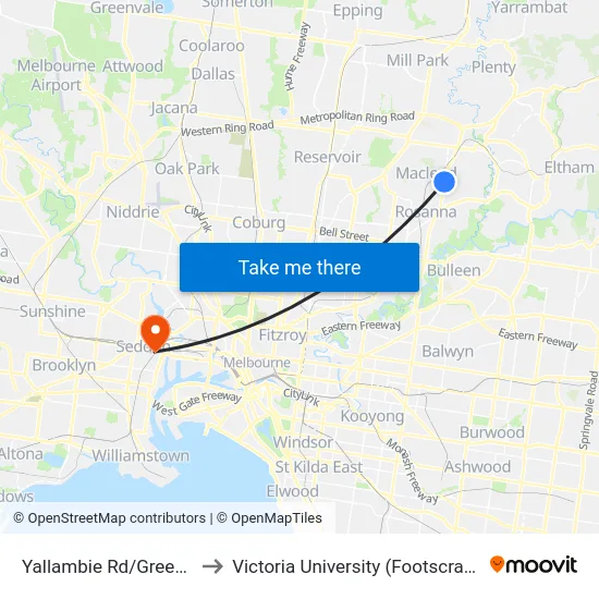Yallambie Rd/Greensborough Hwy to Victoria University (Footscray Nicholson Campus) map