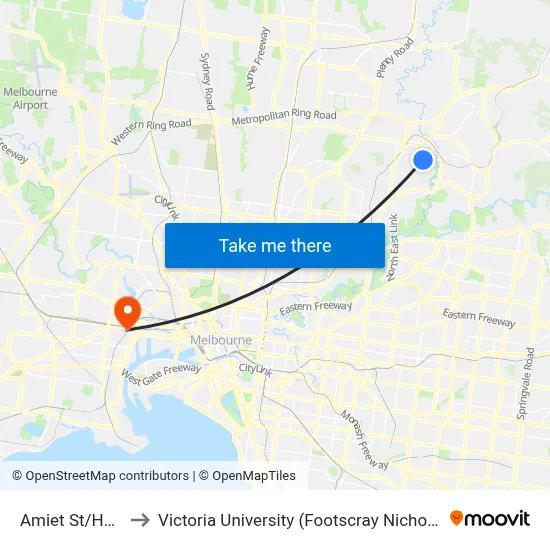 Amiet St/Henry St to Victoria University (Footscray Nicholson Campus) map