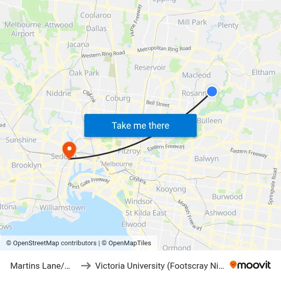 Martins Lane/Winston Rd to Victoria University (Footscray Nicholson Campus) map
