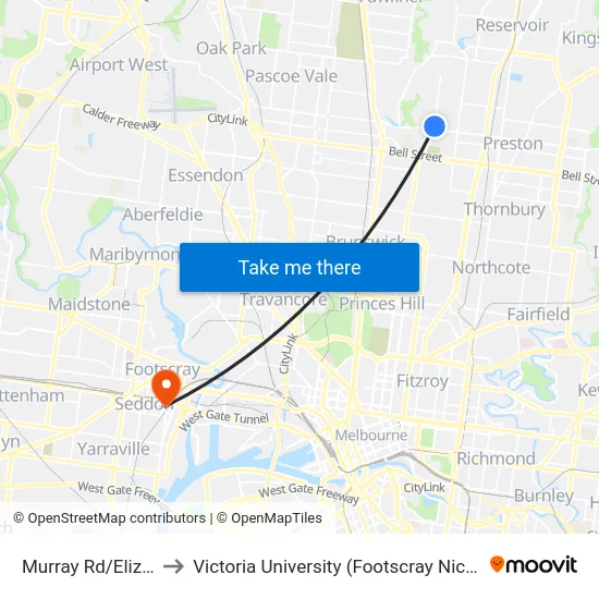 Murray Rd/Elizabeth St to Victoria University (Footscray Nicholson Campus) map