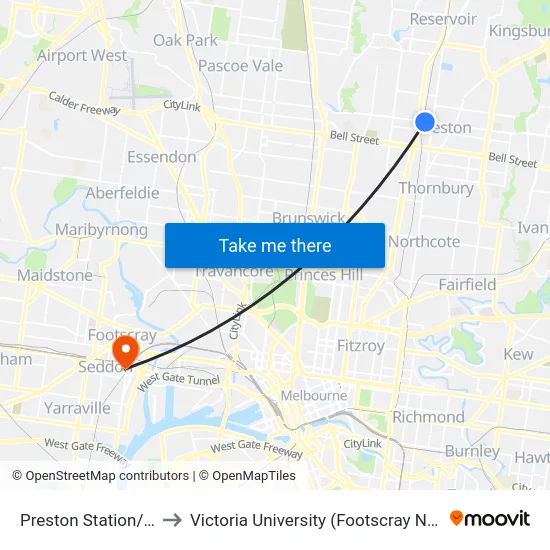 Preston Station/Murray Rd to Victoria University (Footscray Nicholson Campus) map