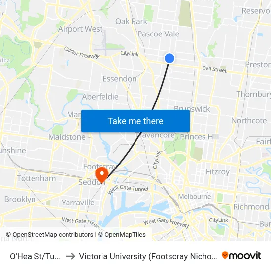 O'Hea St/Turner St to Victoria University (Footscray Nicholson Campus) map