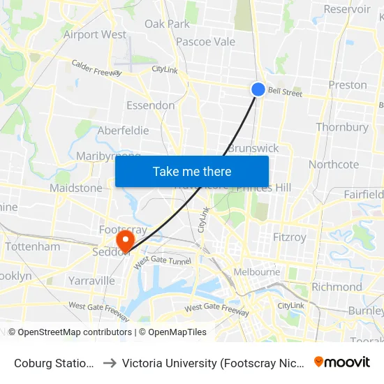 Coburg Station/Bell St to Victoria University (Footscray Nicholson Campus) map