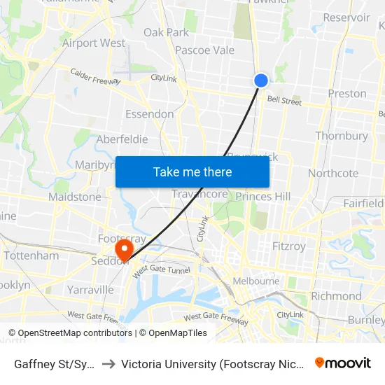Gaffney St/Sydney Rd to Victoria University (Footscray Nicholson Campus) map