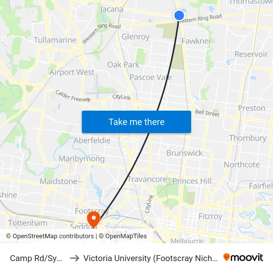 Camp Rd/Sydney Rd to Victoria University (Footscray Nicholson Campus) map