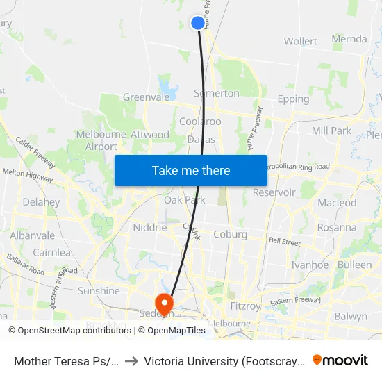 Mother Teresa Ps/Windrock Ave to Victoria University (Footscray Nicholson Campus) map