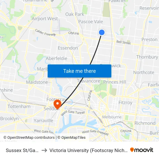 Sussex St/Gaffney St to Victoria University (Footscray Nicholson Campus) map