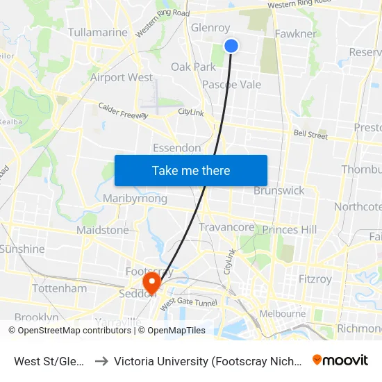 West St/Glenroy Rd to Victoria University (Footscray Nicholson Campus) map
